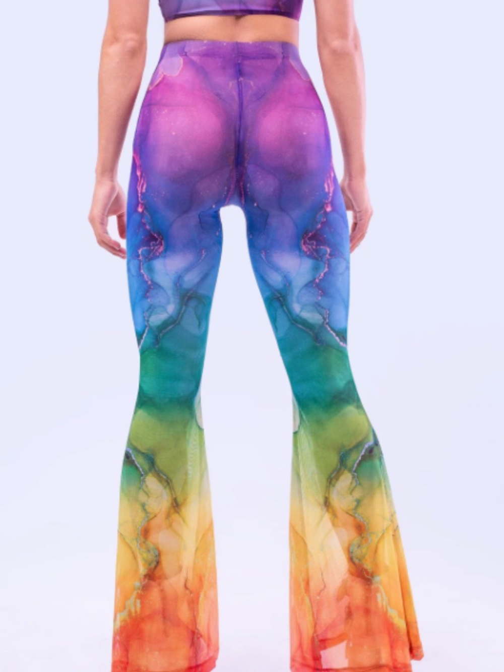Badinka Rainbow Marble Mesh Set – Bell Bottom Pants + Crossed Sleeve Top-S - Picture 6 of 13